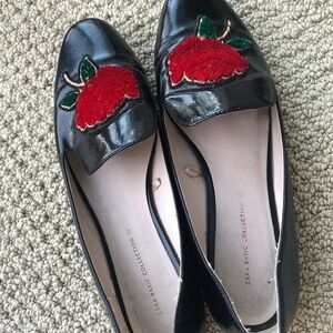 Zara Black Flats with Red Apple Design